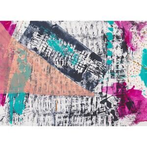 Original painting, small art for shelf in black, white, pink, aqua, peach